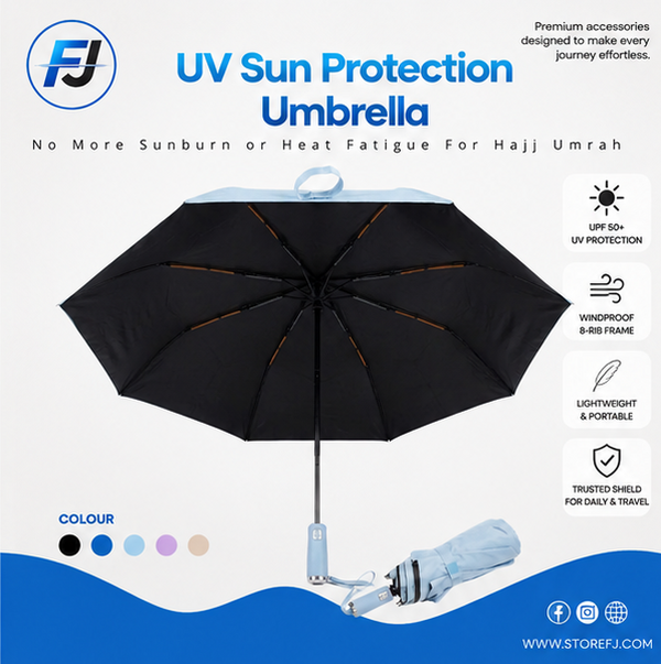 UV Sun Protection Umbrella – UPF 50+ Travel Umbrella with Windproof 8-Rib Frame for Hajj, Umrah & Daily Heat Protection