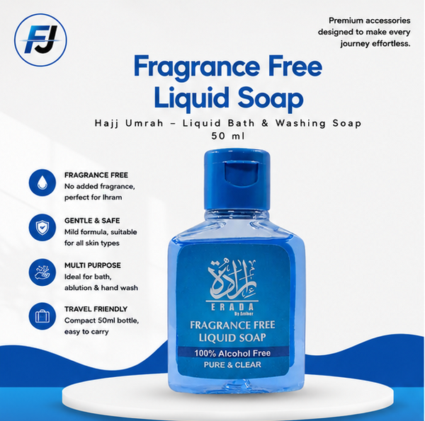 Fragrance-Free Liquid Soap for Hajj & Umrah – Gentle 50ml Ihram-Compliant Bath & Washing Soap