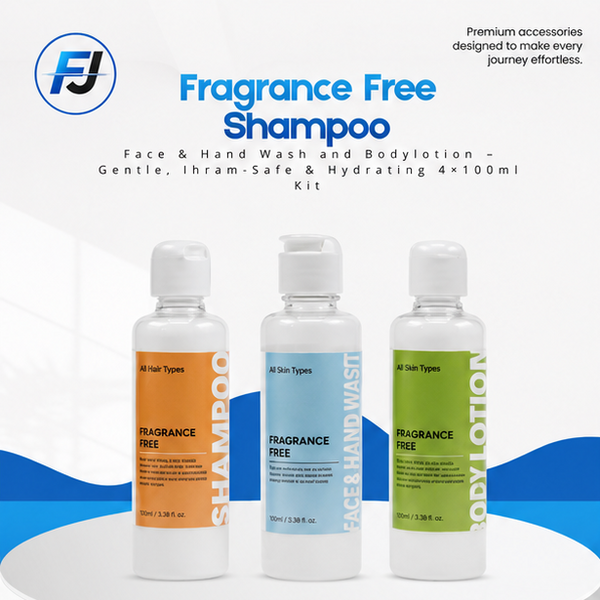 Fragrance-Free 3-in-1 Care Kit – Shampoo, Face & Hand Wash, and Body Lotion (4×100ml) | Gentle, Ihram-Safe & Hydrating Travel Set