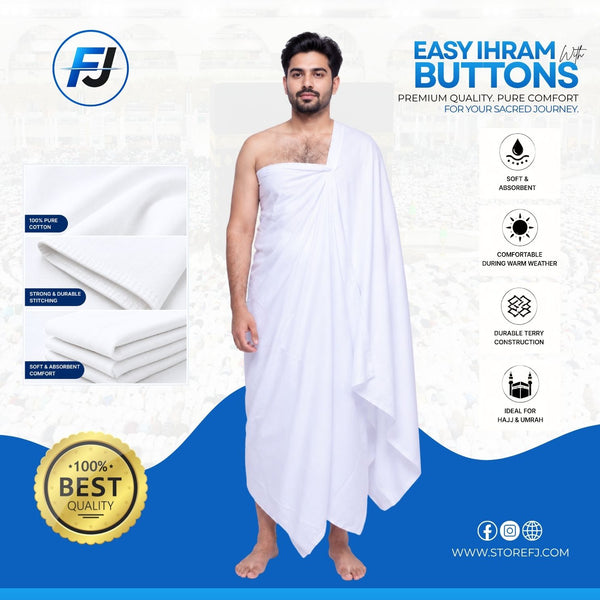 Premium Men's Cotton Ihram with Buttons – Breathable Comfort, Secure Fit & Shariah-Compliant Design 🕋